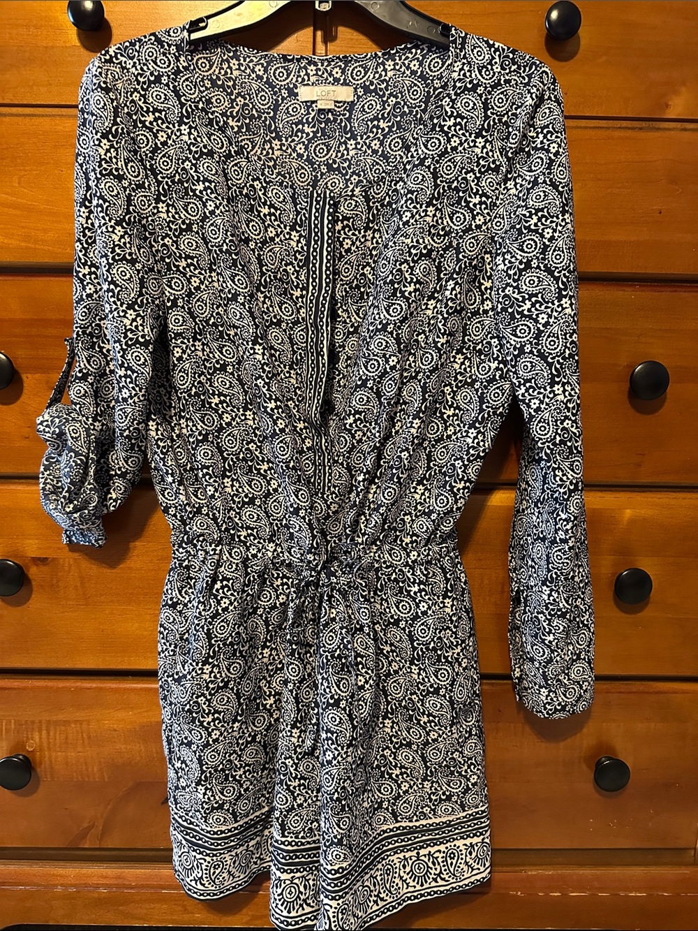 LOFT Navy & White Printed Tie-Waist Romper with Border Hem